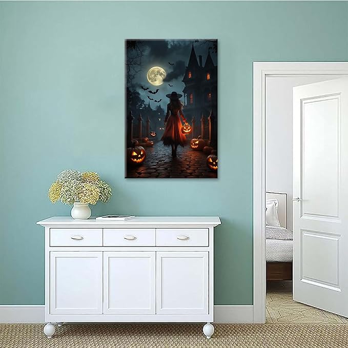 Halloween theme poster moonlit autumn night witch vintage poster art print dark college style gothic painting canvas wall decoration bedroom living room ideal gift12x16in Wood Framed