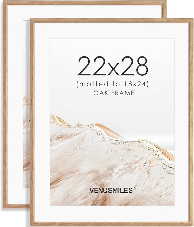 22x28 Poster Frame Set of 2 Natural Solid Oak Photo Frames with 18x24 Removable Mat Wall Hanging Large Handcrafted Frame with HD Plexiglass Wall and Tabletop Display Large Picture Frame