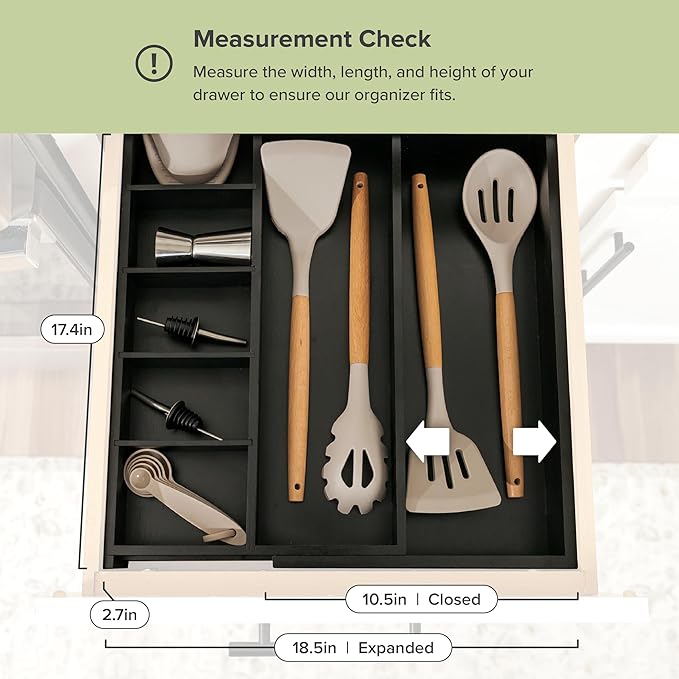 Adjustable Kitchen Drawer Organizer for Utensils and Junk, Food-Safe Contract Grade with 100% Sustainable Wood, Expandable from 10.5 to 19 Inches Wide - Black Bamboo