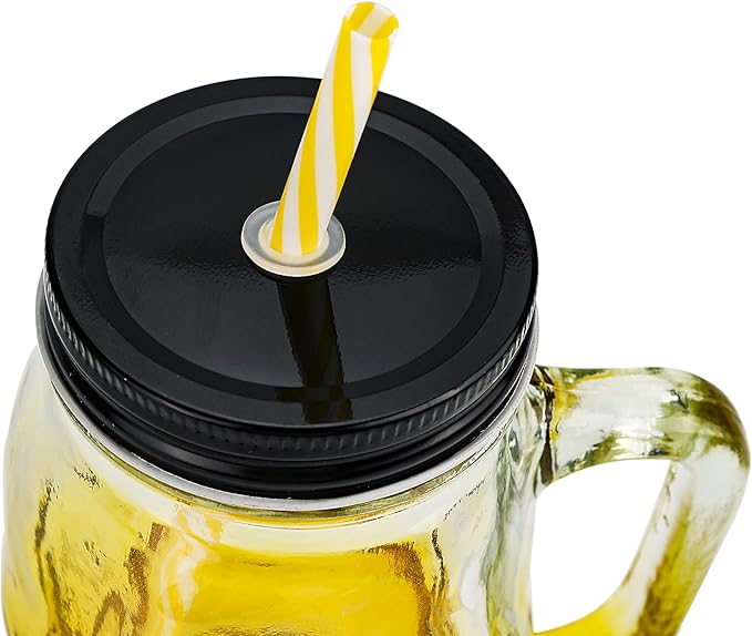 Halloween Cups Set of 4 - Yellow Skull Glass Drinking Jar with Lids and Straws - Halloween Decor, Drinking Glasses 16 oz