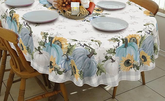 Fall Pumpkin Tablecloth Buffalo Plaid Thanksgiving Autumn Table Cloth 54"x72", Waterproof Fall Table Cover for Fall Harvest Party Decoration-Blue Pumpkin