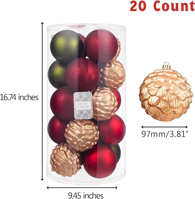 Every Day is Christmas 20ct Shatterproof Christmas Ornaments, 3.6" Plastic Christmas Balls Decoration