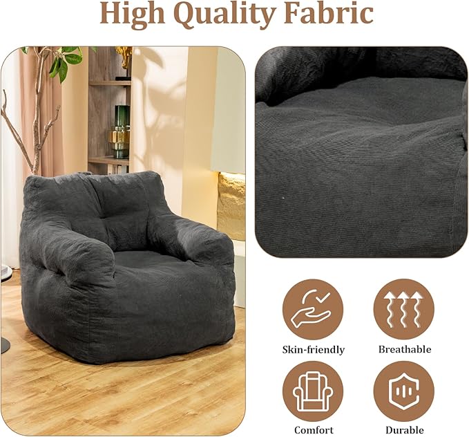 Giant Bean Bag Chair, Large Bean Bag Chair for Adults, Fluffy and Comfy Bean Bag Chair with Filler, Big Bean Bag Sofa Chair for Reading, Stuffed High-Density Foam, Grey