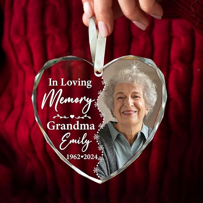 2025 Personalized Memorial Glass Ornament – Christmas-Birthday-Anniversary Keepsake for Loss of Loved One – Custom Photo Name Year – in Loving Memory Heart Clear Decoration