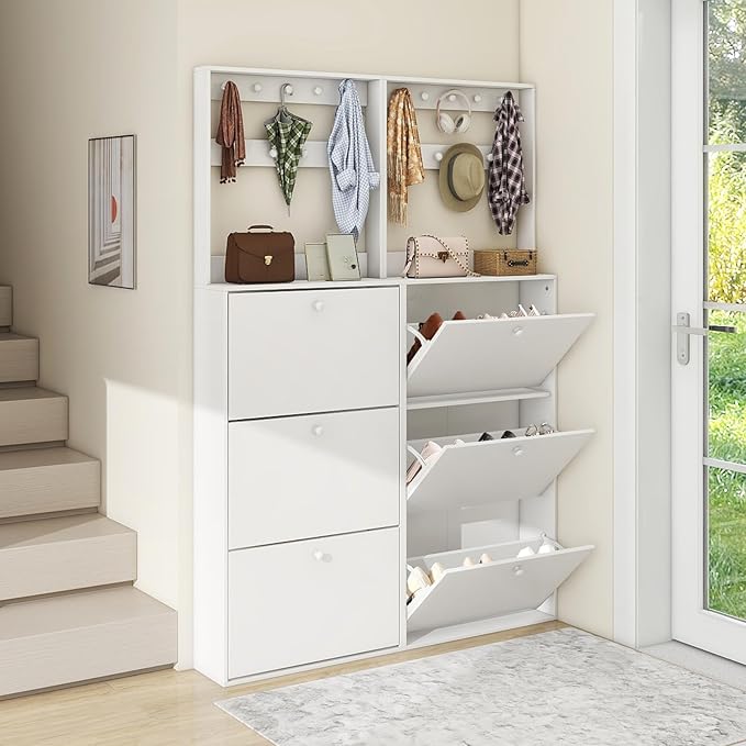 Shoe Storage Cabinet with 3 Flip Drawers, Narrow Shoe Cabinet with 9 Hooks Coat Rack, Freestanding Slim Shoe Storage Organizer for Entryway, Hallway, Entrance, Bedroom, Living Room, White