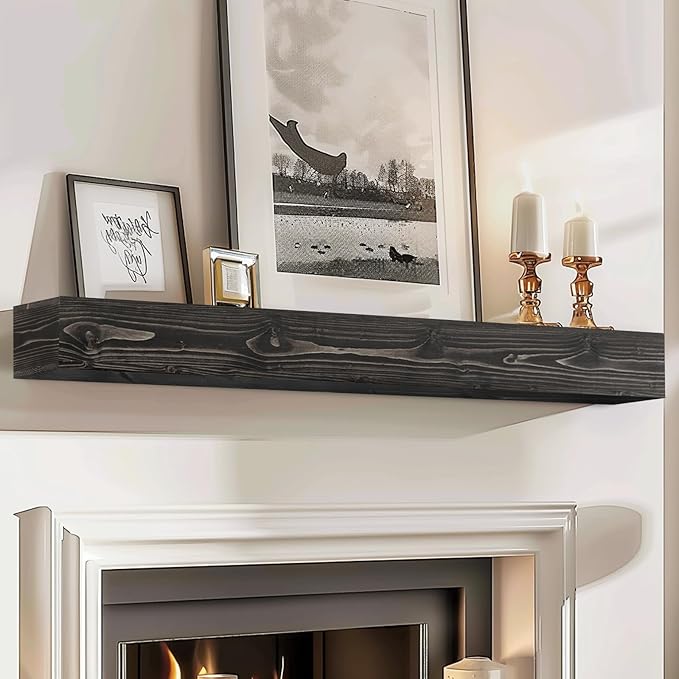 60x8x5 Fireplace Mantel - Handcrafted Hollow Rustic Solid Wood Wall Mounted Floating Shelf with Invisible Heavy Duty Wood Bracket (Weathered Black)