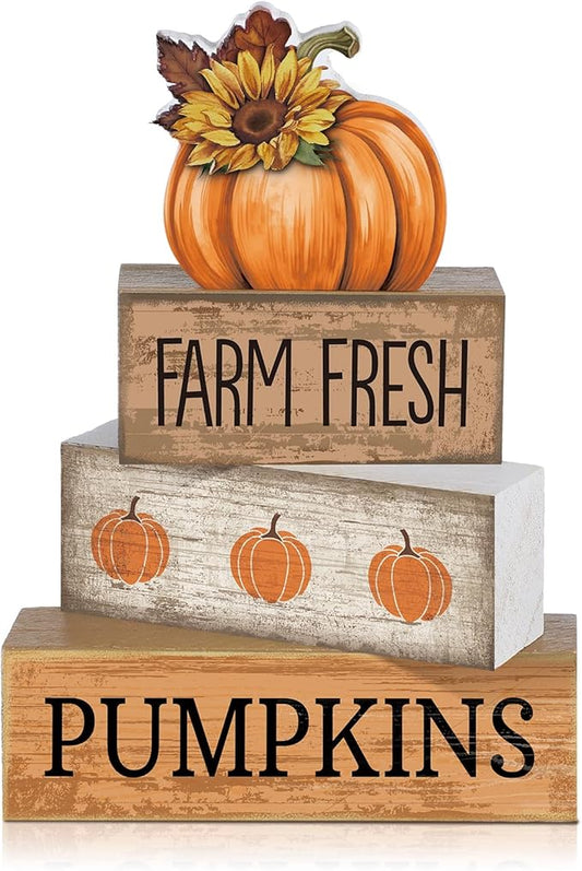4 Pcs Fall Pumpkin Decor Fall Table Decoration Autumn Tiered Tray Decor Thanksgiving Centerpiece Rustic Decorative Pumpkin Block Signs Farmhouse Thanksgiving Decoration for Home Kitchen