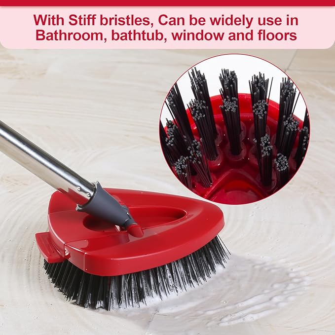 Scrub Brush with Refill Base, Spin Mop Head Scrubber Replacement Compatible with O Cedar EasyWring 1-Tank System, Hard Bristles Floor Scrubber, Tub & Tile Cleaning Brush for Bathroom, Kitchen, Patio