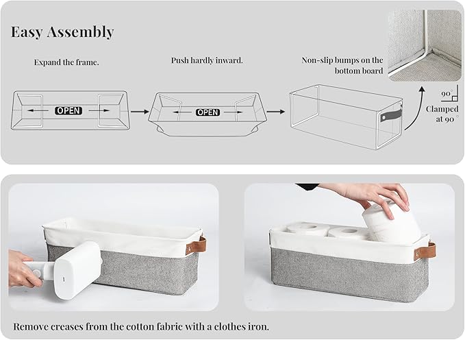 StorageWorks Narrow Storage Bins, Small Basket for Closet and Shelves, Fabric Organizer with Handles, Toilet Paper Storage, Grey and White, 2-Pack