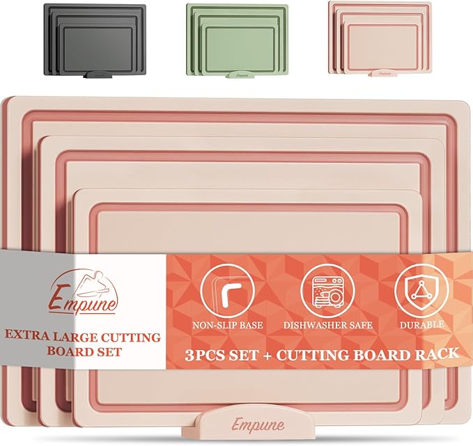 Empune Plastic Cutting Board Set, Recycled Plastic Cutting Boards for Kitchen (Set of 3), Dishwasher Safe Large Chopping Board with Holder, Non-slip Feet and Juice Grooves, Nonporous, Pink