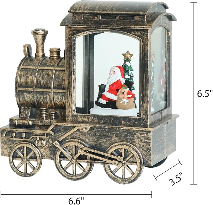 GenSwin Christmas Snow Globe Lantern Train Water Swirling Glitter with 6H Timer, Musical LED Lighted Battery Operated Santa Claus Scene for Christmas Home Decoration and Gift(Copper)