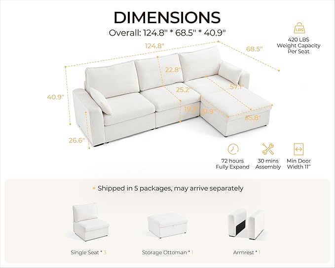 Oversized Modular Sofa Comfy Cloud Couch with Storage, Extra Deep Plush Sectional Sofa Set for Living Room, Covers Washable, Chenille, Olar (White, 4-Seater with Ottoman, l-Shaped)