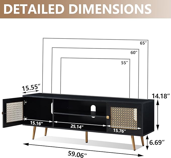 Mid Century Modern TV Stand for 65 inch TV, Entertainment Center with Storage, Metal Mesh Decorated Cabinet Doors for Living Room, Black
