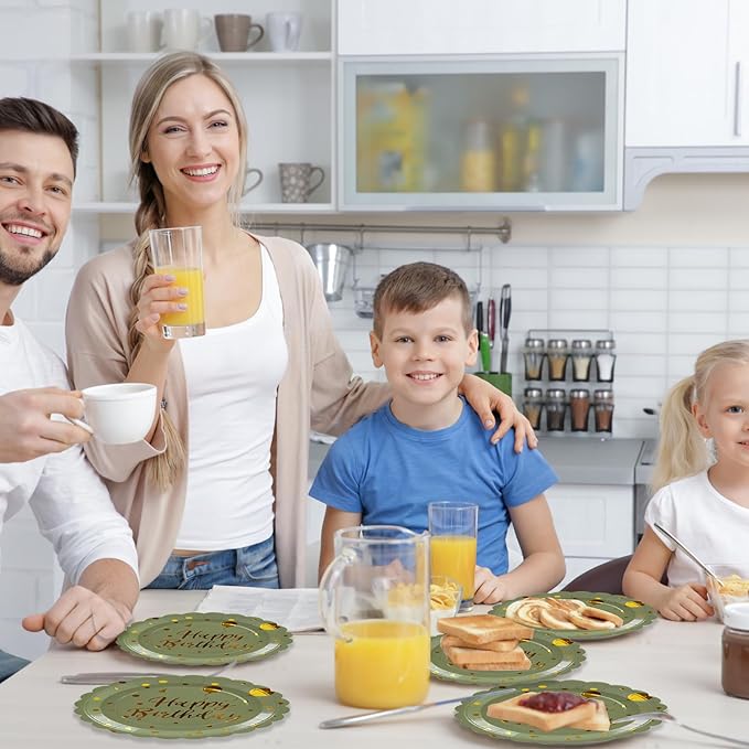 50PCS Sage Green and Gold Happy Birthday Paper Plates, 7 Inch Scalloped Disposable Birthday Dessert Cake Plates Metallic Foil Polka Dots Party Supplies for Birthday's Decorations