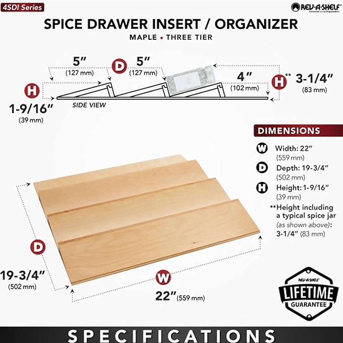 Rev-A-Shelf 22" 3 Tiered Seasoning Organizer, Trim-to-Fit Wooden Kitchen Draw and Cabinet Home Storage Insert, Pull Out Spice Rack, Maple, 4SDI-24