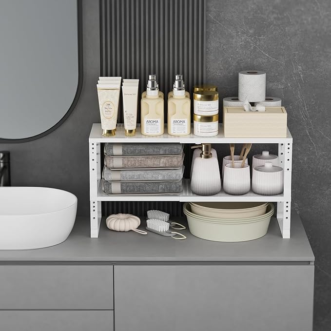 Expandable Spice Rack Kitchen Cabinet Shelf Organizer, Stackable Storage Shelves Racks, Adjustable Counter Shelving for Cabinets, Countertop, Cupboard,Pantry and More(3Packs/White/Large)