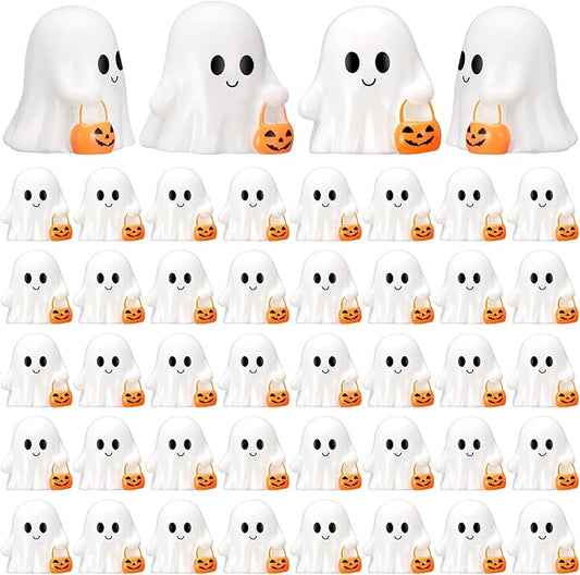 50 Pcs Halloween Mini Ghosts Figurines Resin Tiny Ghosts Miniatures Figures Ornaments for Halloween Party Outdoor Home Garden Decoration
