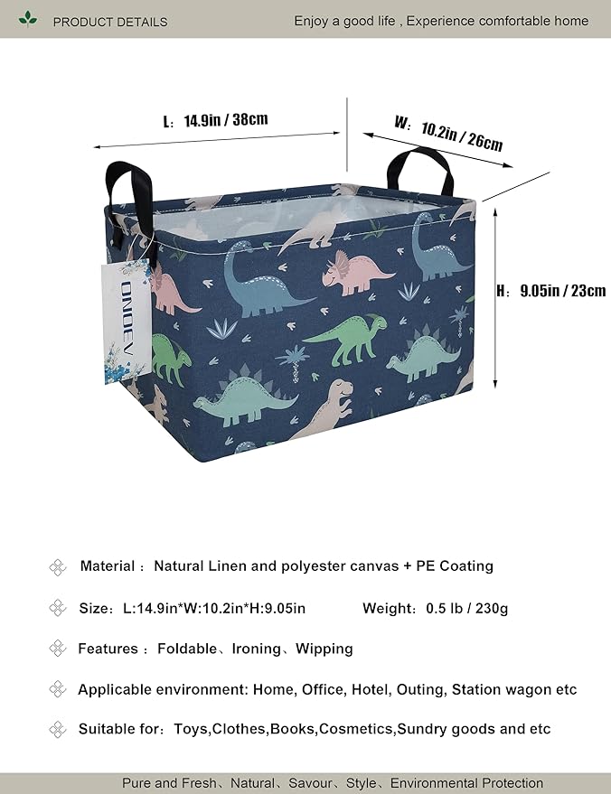 Rectangular waterproof laundry basket,foldable storage basket,laundry Hampers with handle,gift basket,suitable for children's room and toy storage (Blue Dinosaur)