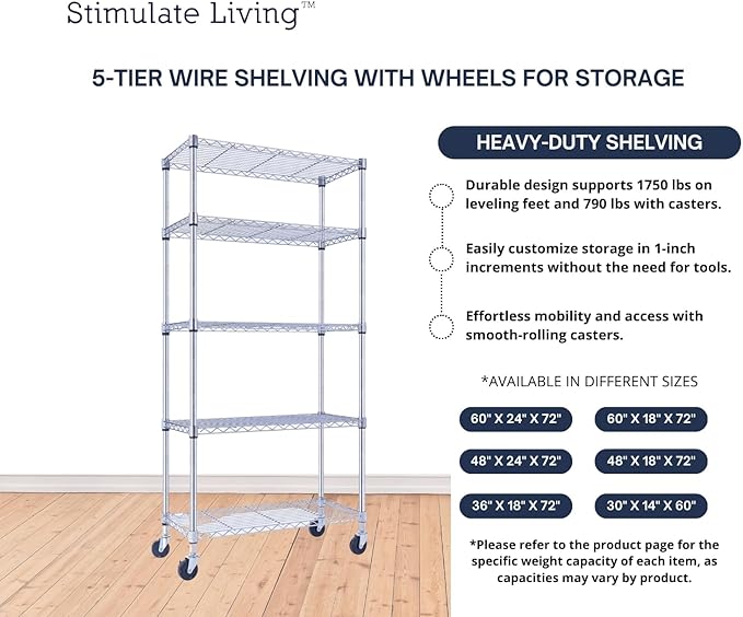 30"x14"x60" PRIME HEAVY DUTY Chrome 5-Tier Wire Shelving 1,750 LBS MAX Capacity Storage Rack for Commercial, School, Home, Garage, Warehouse, Industrial, and Hospital Uses (with Wheels)