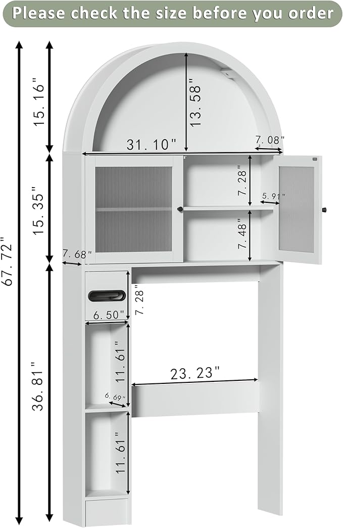 Over The Toilet Storage Cabinet, 31''W Arched Space-Saving Bathroom Organizer with Adjustable Shelf and Acrylic Doors, Freestanding Over Toilet Cabinet for Bathroom, Laundry, Restroom (White)
