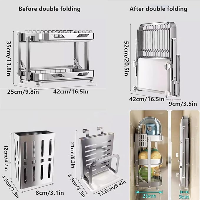 Dish Drying Rack with Drain Board - Rustproof Stainless Steel Dish Rack with Utensil Holder,Dish Racks for Kitchen Counter Over Sink,Over-Sink Drying Rack(Wall-Mounted,Second Floor)