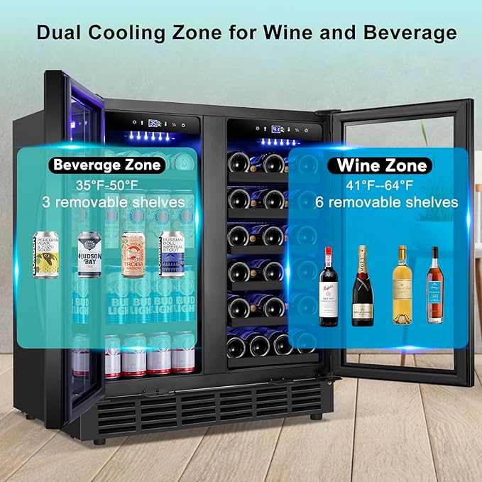 30'' Wine and Beverage Refrigerator, Upgrade Dual Zone Wine Cooler, 30 Inch Wine beverage Fridge Built in or Freestanding Under Counter Large Capacity Glass Door Advanced Cooling System,Black