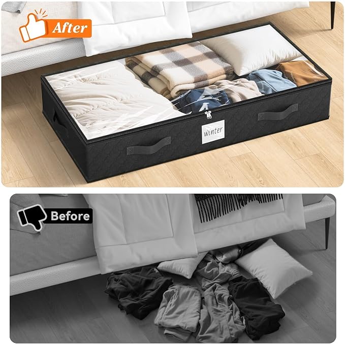 SpaceWhisper 90L Under Bed Storage Containers, 6-Pack Storage Bins with Clear Top, Foldable Closet Organizers and Storage with Label Holder for Clothing, Blankets, Comforter & Pillows(Black)