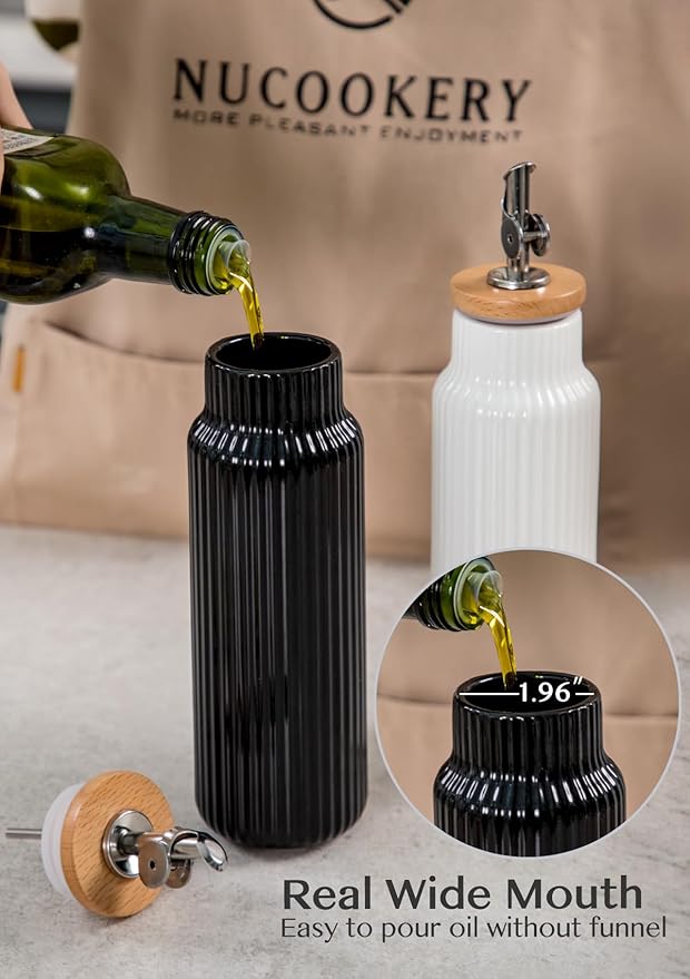 Nucookery Ceramic Olive Oil Dispenser Bottle for Kitchen, 14 oz Opaque Vinegar Dispenser Bottle, Large Capacity Cooking Oil Container for Storage Vinegar, Soy Sauce, Coffee Syrup, Black