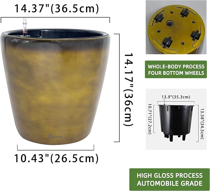 Dexceder 15x14 Self Watering Planter with Wheels Indoor Outdoor, Inner Pot Design, Thickened Large Floor Standing Flower Plant Pot with Water Level Indicator (Yellow Brown Gradient)