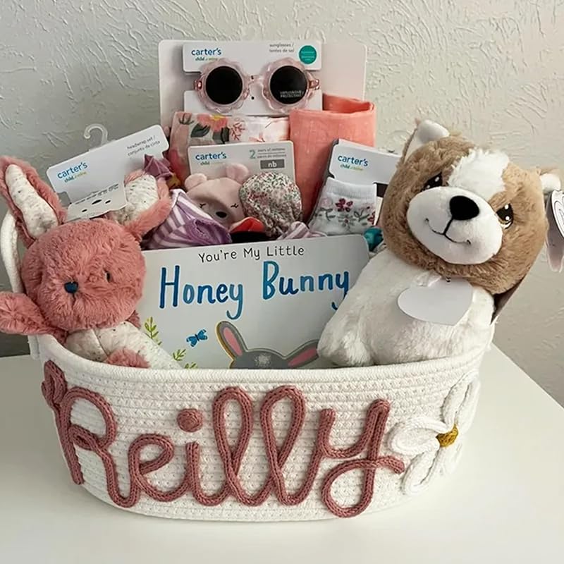 Personalized Baby Name Basket, Custom Woven Baby Shower Gift Basket with Cotton Rope Handle Baby Diaper Nursery Shelf Storage Basket Bin for Kids' Bedroom (Style 1)