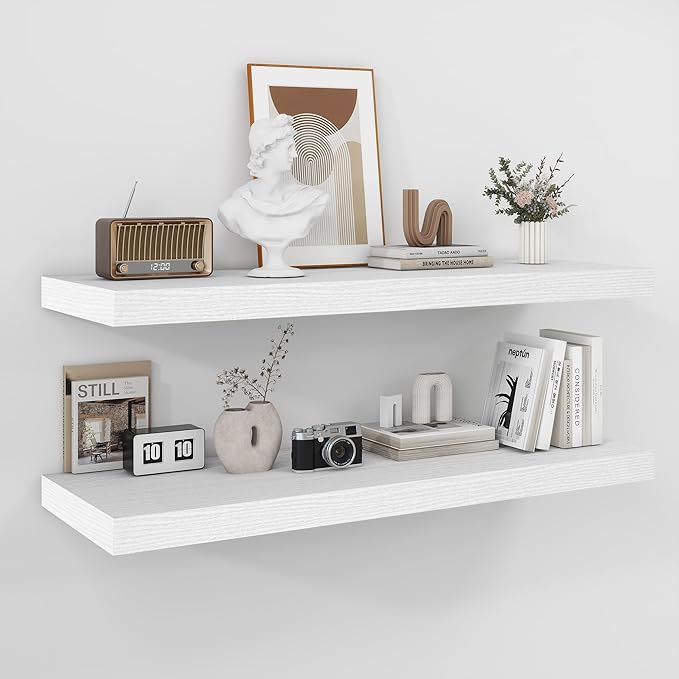 Fun Memories Floating Shelves - 2 Pack 12 Inch Rustic Wooden Wall Shelves - Extra Deeper & Thicker Wall Mounted Storage Shelf for Living Room, Kitchen, Farmhouse - 36" W x 12" D x 1.8" H - White