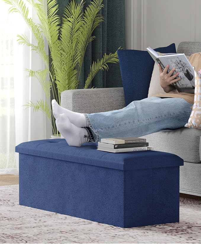 Storage Ottoman Bench, Folding Ottoman Foot Rest, End of Bed Bench,Storage Chest, for Living Room, Bedroom, Hallway, Entryway, Holds up to 700 lb (Navy BLUE1, 43")