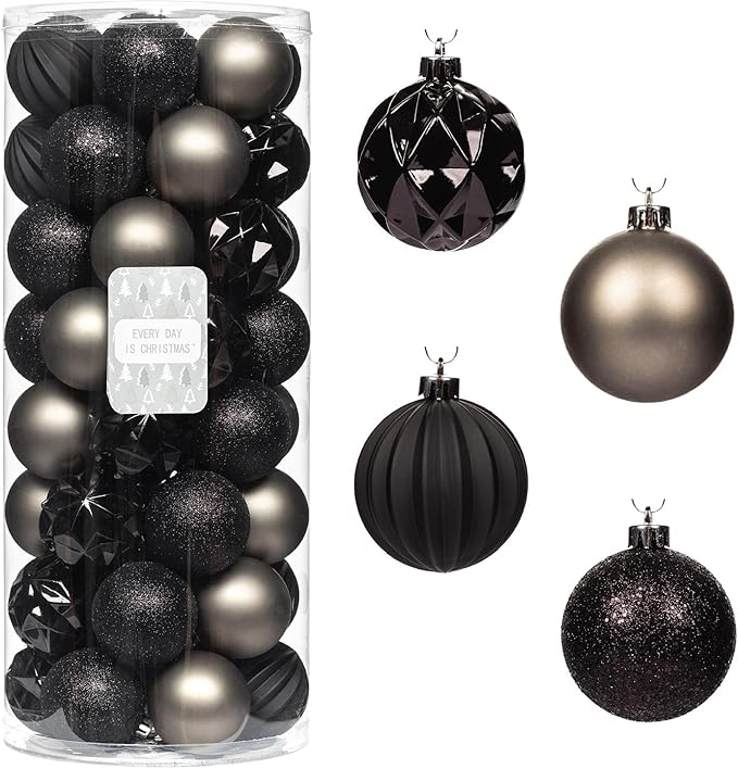 Every Day is Christmas Ornaments, Shatterproof Christmas Tree Ornament Set, Christmas Balls Decoration 50 Count (2.24"/57mm, Black Grey)