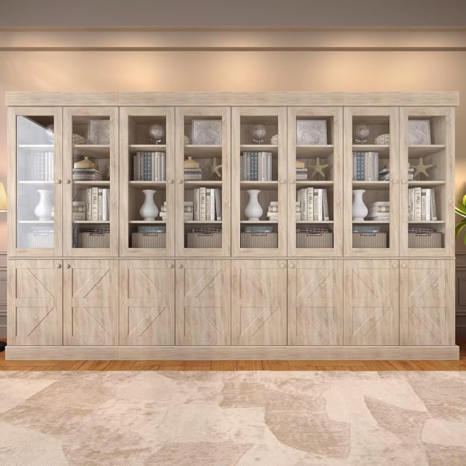 Vyre 71" Tall Farmhouse Bookshelves with Glass Doors, Set of 4 – Large Modular Bookcase with Adjustable Shelves, Storage Cabinet for Living Room, Kitchen, Home Office, Brown