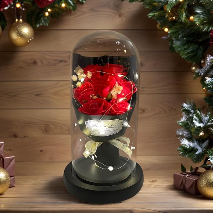 Gift for Her Forever Flower Bouquet for Delivery Prime Preserved Red Roses Glass Dome LED Light 100 Languages I LOVE YOU Necklace Mothers Day Birthday Romantic Valentines Gift for Wife Women Mom