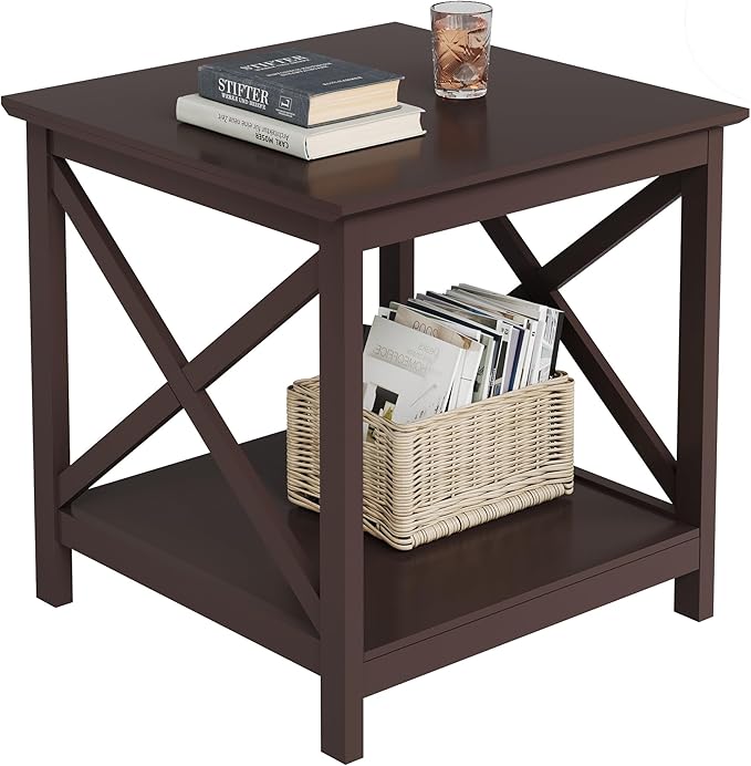 ChooChoo End Table, 24 Inch End Table with 2-Tier Storage Shelf, Side Table for Living Room, Wood Nightstand for Bedroom, Office, Painted Surface, Espresso