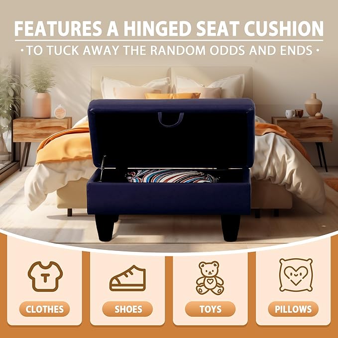 Ottoman Rectangular Storage Ottoman Bench, Faux Leather Footrest, Coffee Table, Stool Footstool with Hinged Lid for Living Room, Bedroom, Entryway, Blue, 28.5"x19"x17.5"