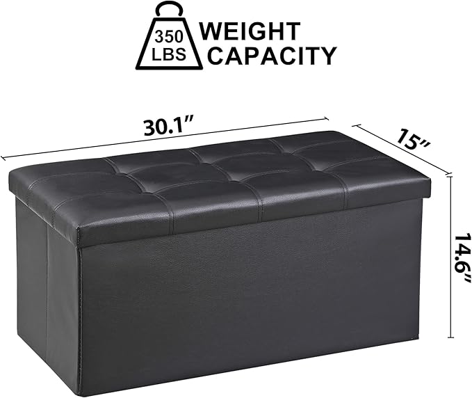 SUPER DEAL 30 inches Folding Ottoman with Storage, Bedroom Footrest Bench, Rectangle Sotrage Chest for Living Room Entryway, 30"x15"x15", 85L, Faux Leather, Black