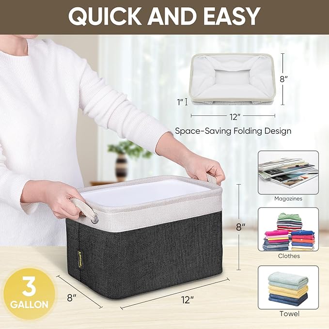 BALEINE 4 Pack Fabric Storage Bins for Shelves, Linen Storage Baskets for Organizing, Decorative Closet Bins for Clothes, Home (Black, 12"x8"x8")