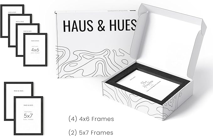 HAUS AND HUES Black Oak Wood Gallery Wall Tabletop Frames Made with Real American Oak and Shatter-free Plexiglass - Set of 6 (Four 4x6, Two 5x7, Framed Black)