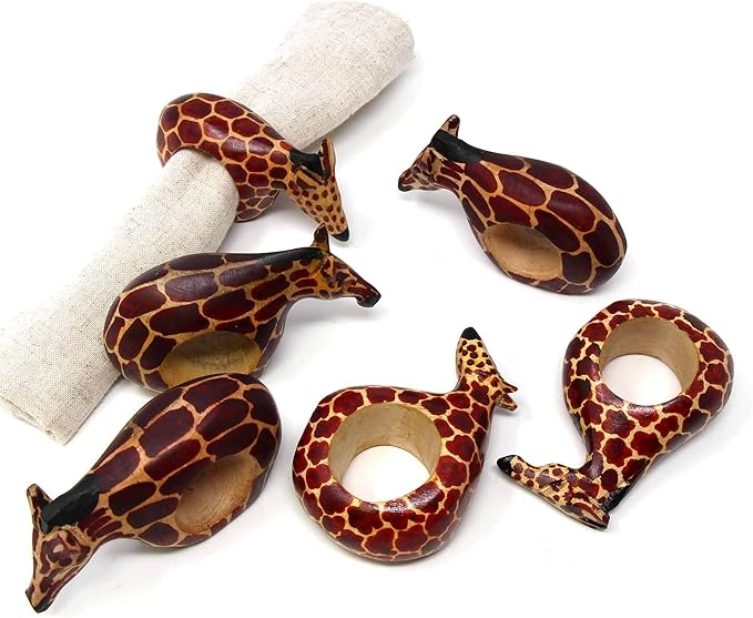 Handcarved Mahogany Wooden Napkin Ring Holders, Giraffe, Set of 6 (KWF012_G)