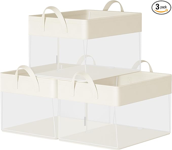 SONGMICS ClosetOrganizers Set of 3, Medium Fabric Storage Baskets, Foldable Organizer with Transparent Nylon Mesh, 15.7 x 11.8 x 9.8 Inches, Handles, for Bedroom, Living Room, Cream White URFB940W01