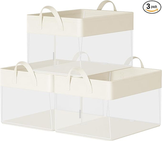 SONGMICS ClosetOrganizers Set of 3, Medium Fabric Storage Baskets, Foldable Organizer with Transparent Nylon Mesh, 15.7 x 11.8 x 9.8 Inches, Handles, for Bedroom, Living Room, Cream White URFB940W01