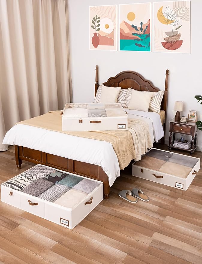StorageWorks Underbed Storage Box, Under Bed Clothes Organizer With Sturdy Structure and Ultra Thick Fabric, Beige, 30" L x 28" W x 6" H, 2 pack