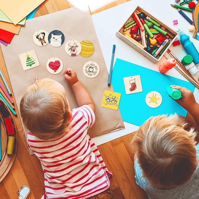 60 Pcs Wooden Tags, 3x3 Inch Unfinished Round Wood Pieces Blank Square Wooden Slices with Holes, with Jute Twines for Sign Tags Home Party Hanging Decoration