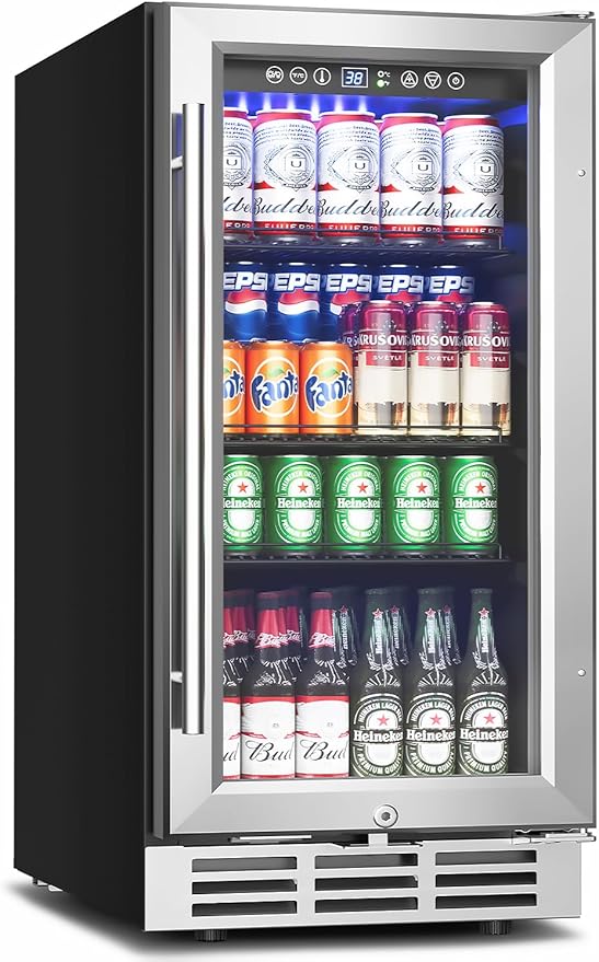 15 Inch Beverage Refrigerator Under Counter - 126 Cans Beverage Fridge with Glass Door for Beer Wine Soda - Built-in or Freestanding Wine Cooler with Safety Lock for Home Kitchen Bar