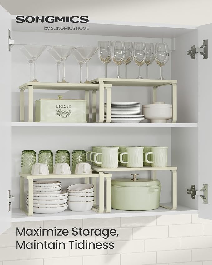 SONGMICS Cabinet Organizer Shelf, Set of 2 Kitchen Counter Shelves, Kitchen Storage, Spice Rack, Stackable, Expandable, Metal and Engineered Wood, Cream White UKCS002W02