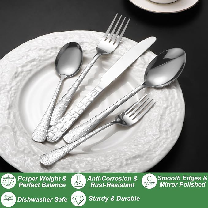 20 Pcs Silverware Set for 4 with Water Cube Handle design, Food Grade Stainless Steel Flatware Set, Eating Utensils Sets Include Fork/Knife/Spoon, Reusable Cutlery Set, Dishwasher Safe