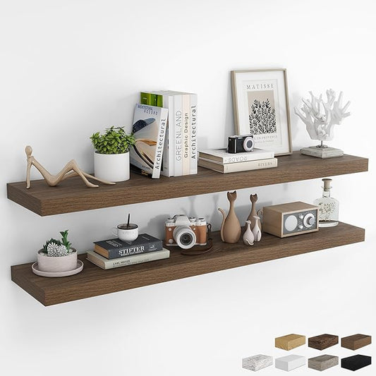 RICHFOCUS 55Inch Floating Shelves for Wall 2 Pack Shelves for Bedroom|Kitchen|Bathroom Wall Mounted Rustic Wood Floating Shelf with Invisible Brackets for Books|Storage|Decor, Walnut