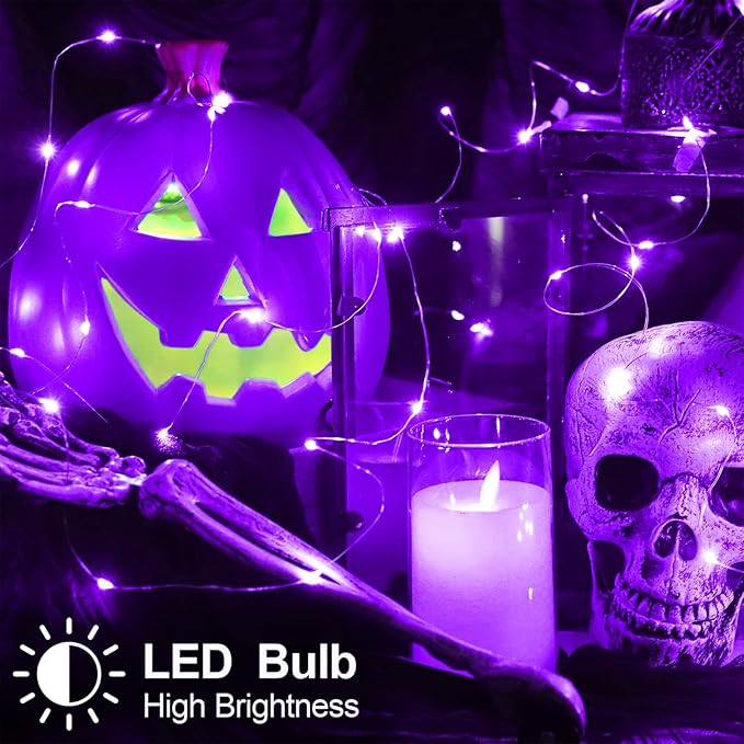 Halloween Christmas Decorations Purple Fairy String Lights Indoor, Battery Operated with Timer, 2Pack Total 33FT 100 Led Mini Battery Powered Twinkle Mason Jar Waterproof Firefly Lights DIY Party
